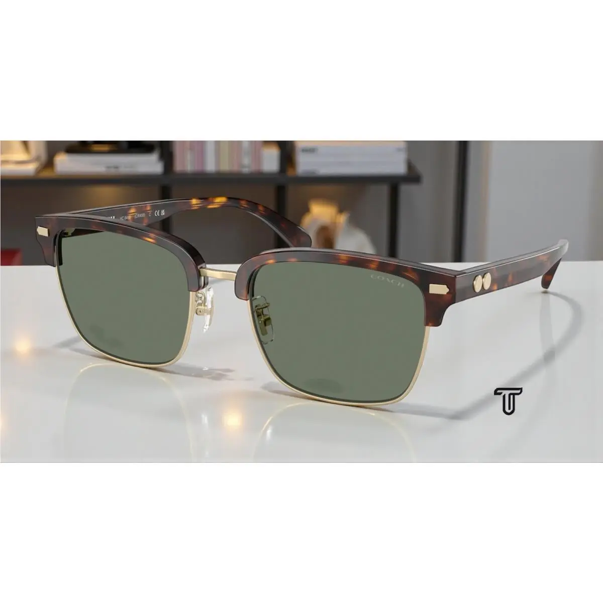 HC8412 51203H CW406 Lt Gold Dk Tortoise Green Solid 56 mm Men`s Sunglasses by Coach