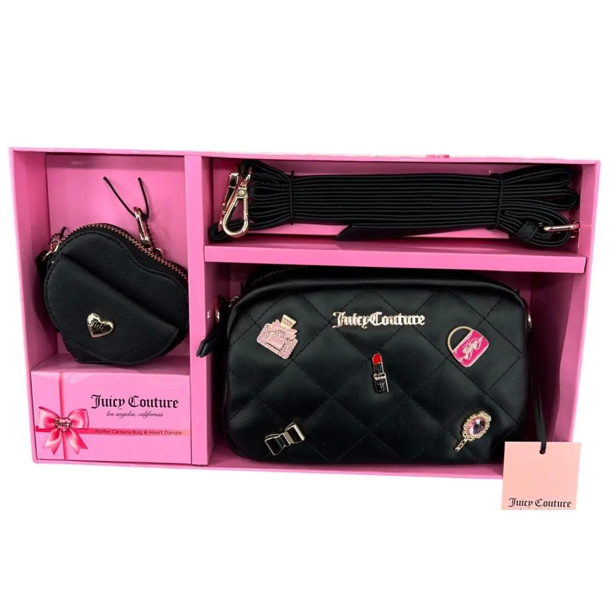 Puffy Camera Crossbody Bag Set Black Quilted Charm Gift Box by Juicy Couture