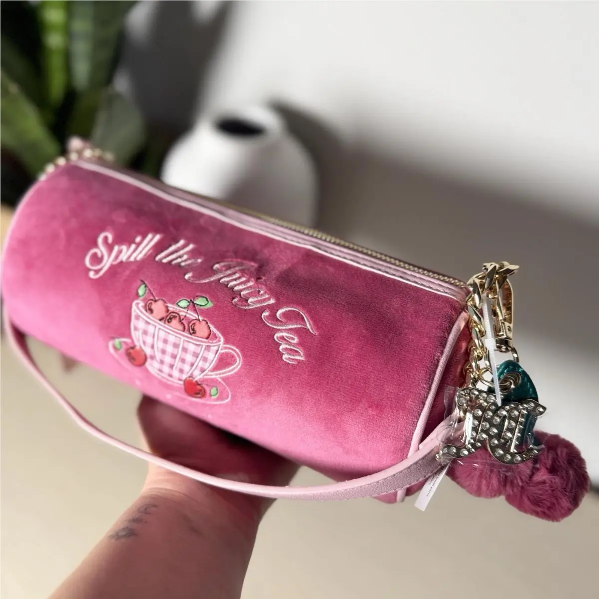 Tea Party Barrel Shoulder Bag Cherry Spill The Juicy Tea Y2k Pink by Juicy Couture