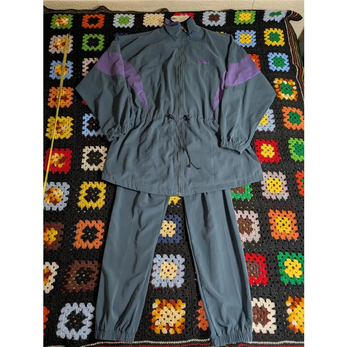 Asics Vintage 90s Purple Green Nylon Tracksuit Rare Large Water Wind Resistant