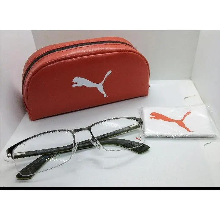 Puma Semi Rimless Eyeglasses Frame Case PU 0028O 008 Grey/ Green