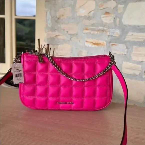 Michael Kors Carmela Pouchette Crossbody Purse+small Top Zip Wallet Dragonfruit