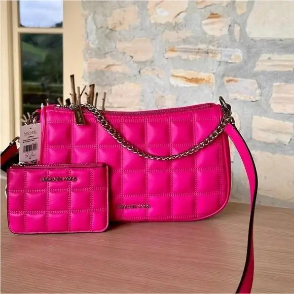 Carmela Pouchette Crossbody Purse+small Top Zip Wallet Dragonfruit Bundle 2 Pcs by Michael Kors