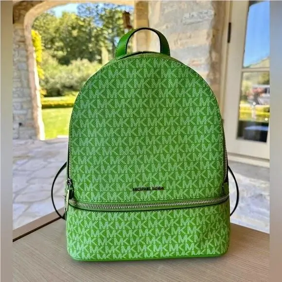 Michael Kors Rhea Women Medium Zip Backpack /trifold Wallet Jungle Green