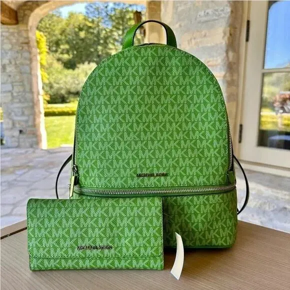 Rhea Women Medium Zip Backpack /trifold Wallet Jungle Green Bundle 2Pcs by Michael Kors