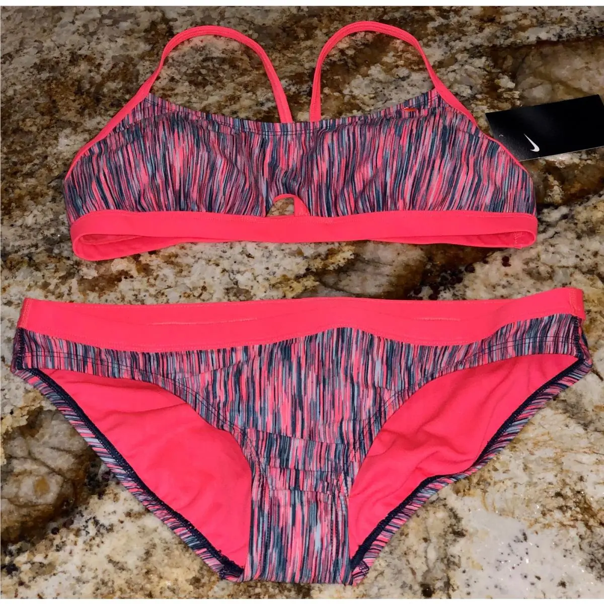 Nike Sport Keyhole Space Dye Coral Grey 2pc Bikini Swim Suit Womens Sz L