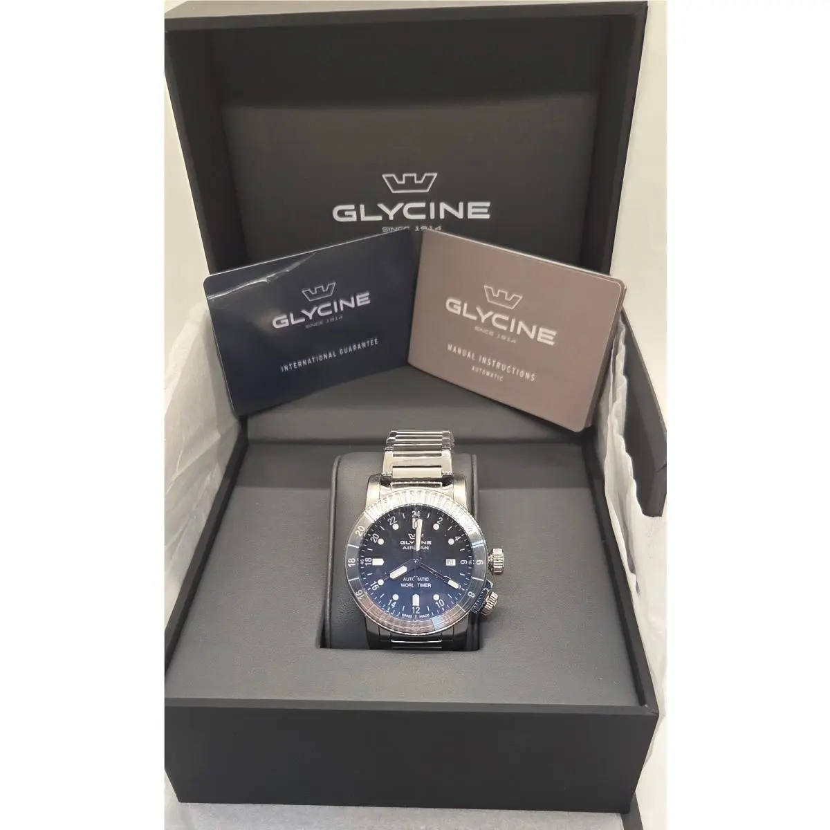 Glycine Worldtimer GL0156 Airman Automatic Gmt Date Blue Dial Men`s Watch 850
