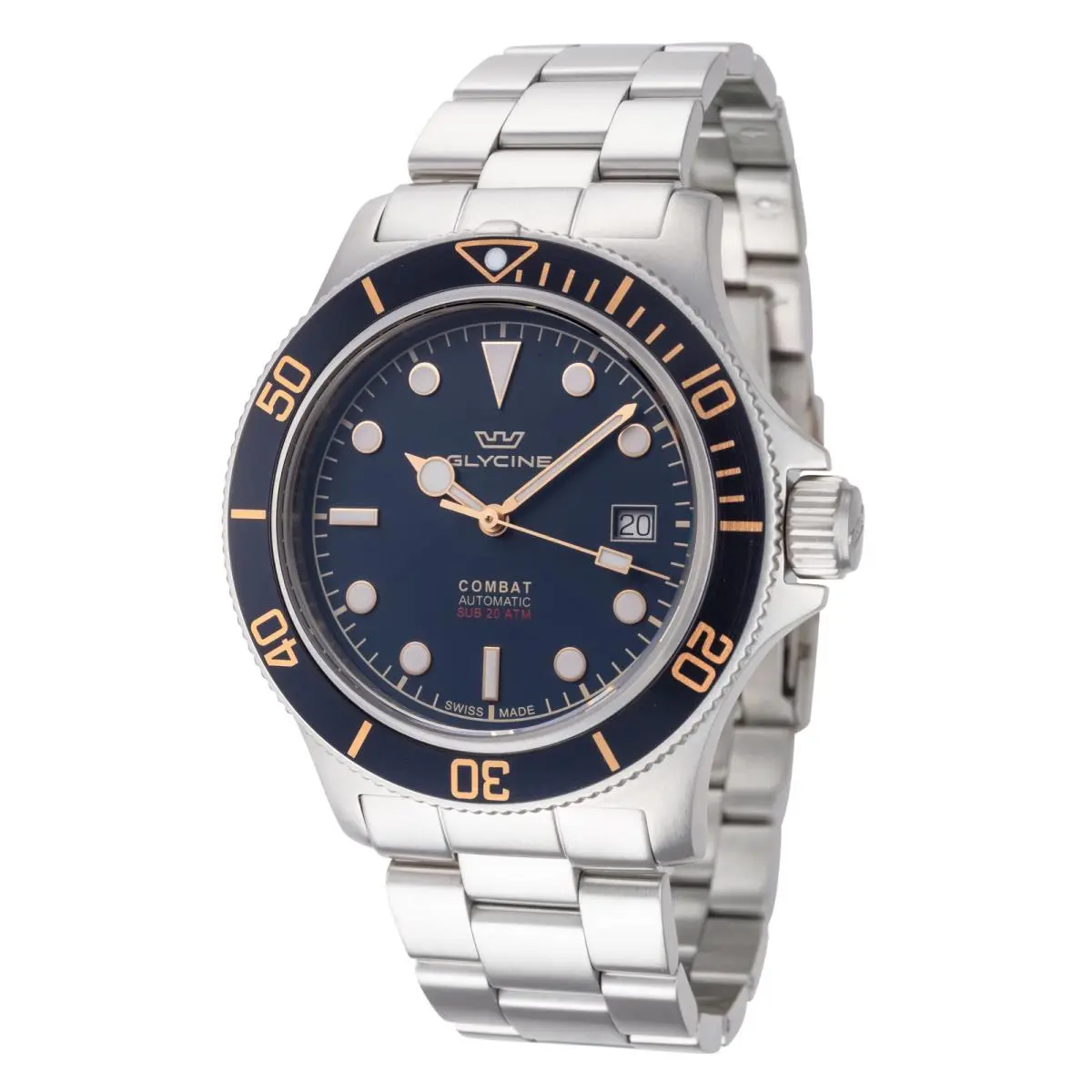 Glycine Men`s Combat Sub 42mm Automatic Watch GL0485 - Dial: Blue, Band: Silver Tone, Other Dial: Blue