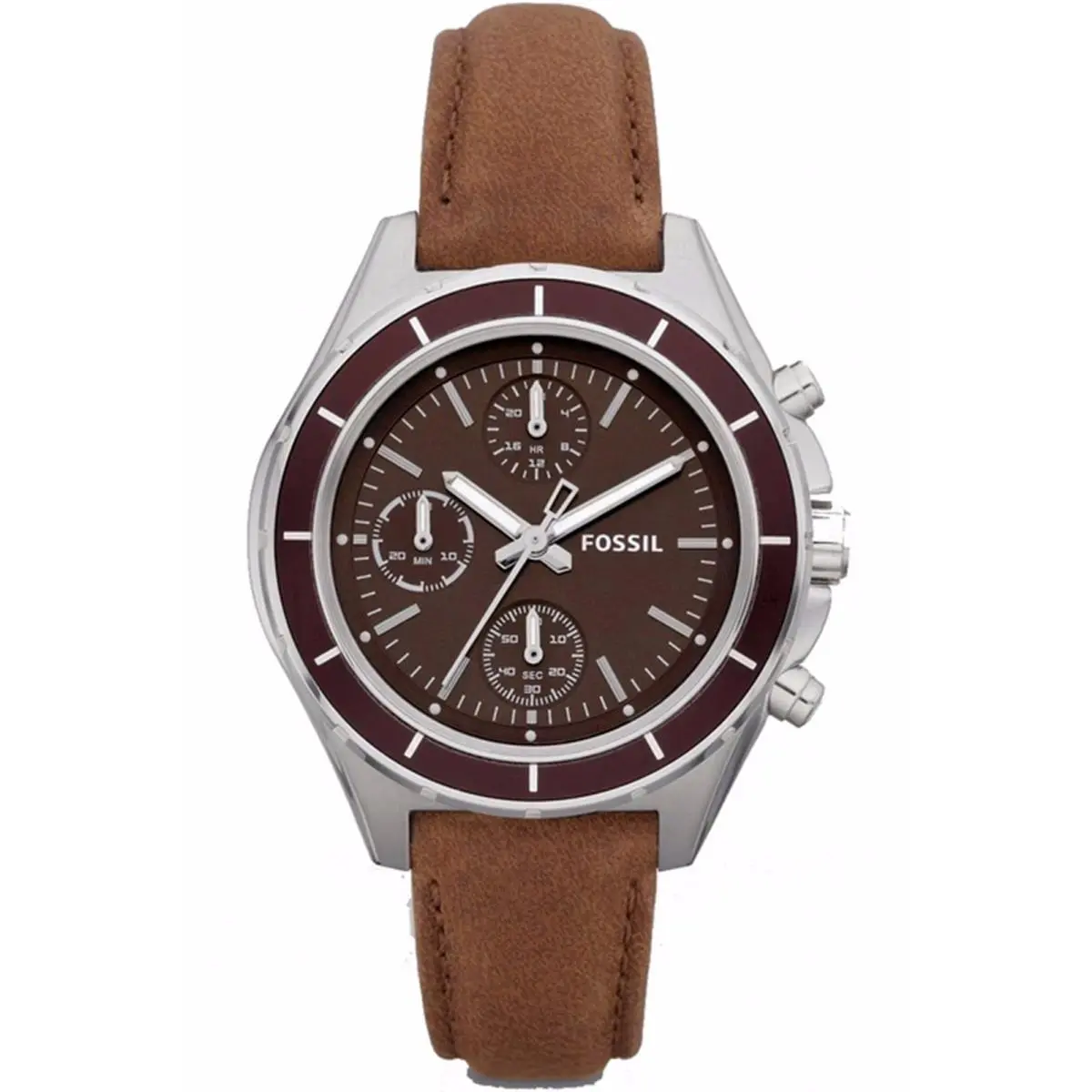 Fossil CH2829 Ladies Chronograph Stainless Steel Case Leather Strap Silver Tone