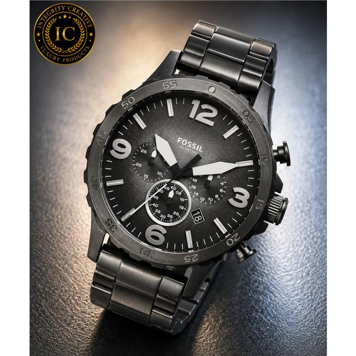 Fossil Men`s Nate 50MM Quartz Chronograph Watch Waterproof Black Dial Stainless Steel