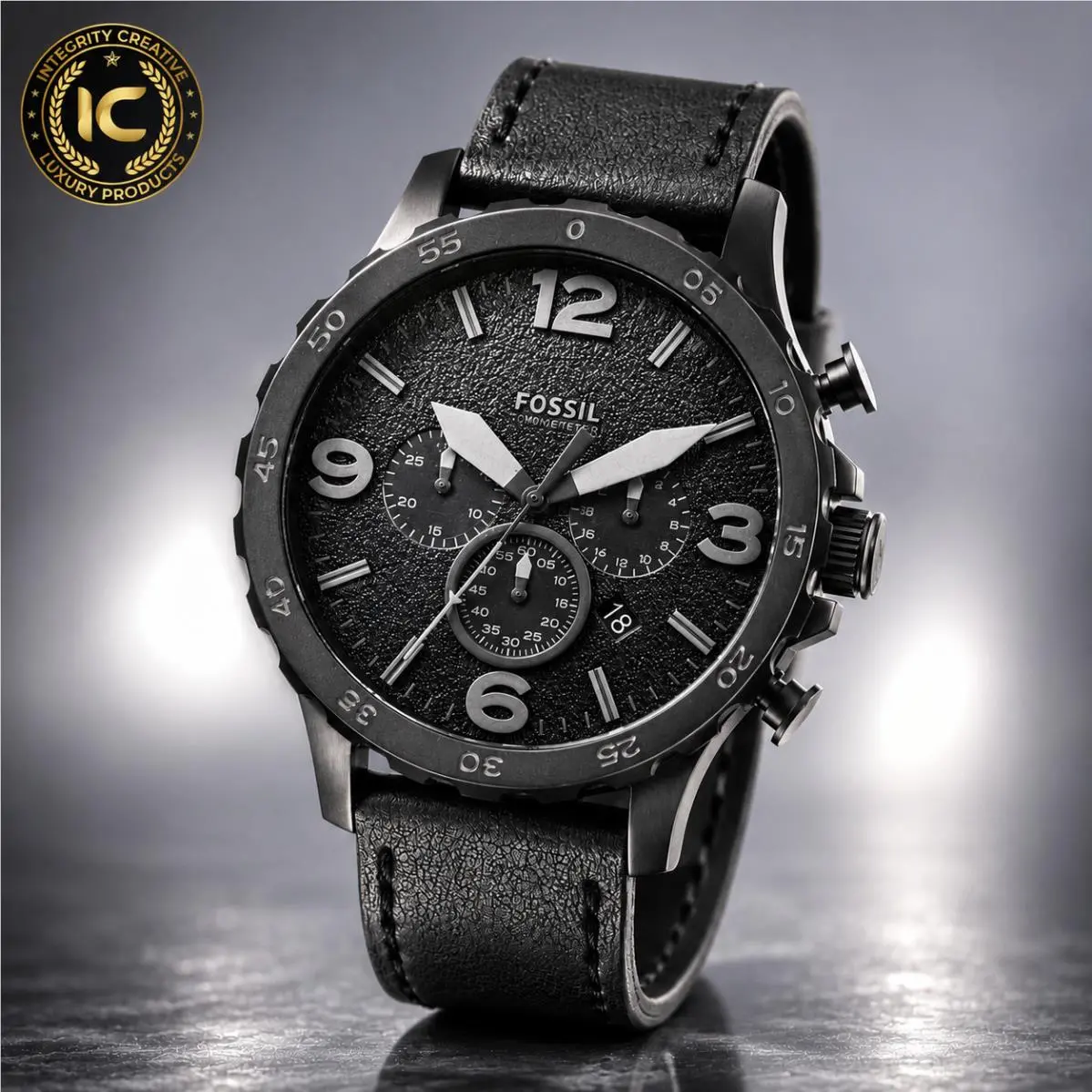 Men`s Nate Quartz Gray  Watch Leather Strap Waterproof 50 mm Black Dial by Fossil