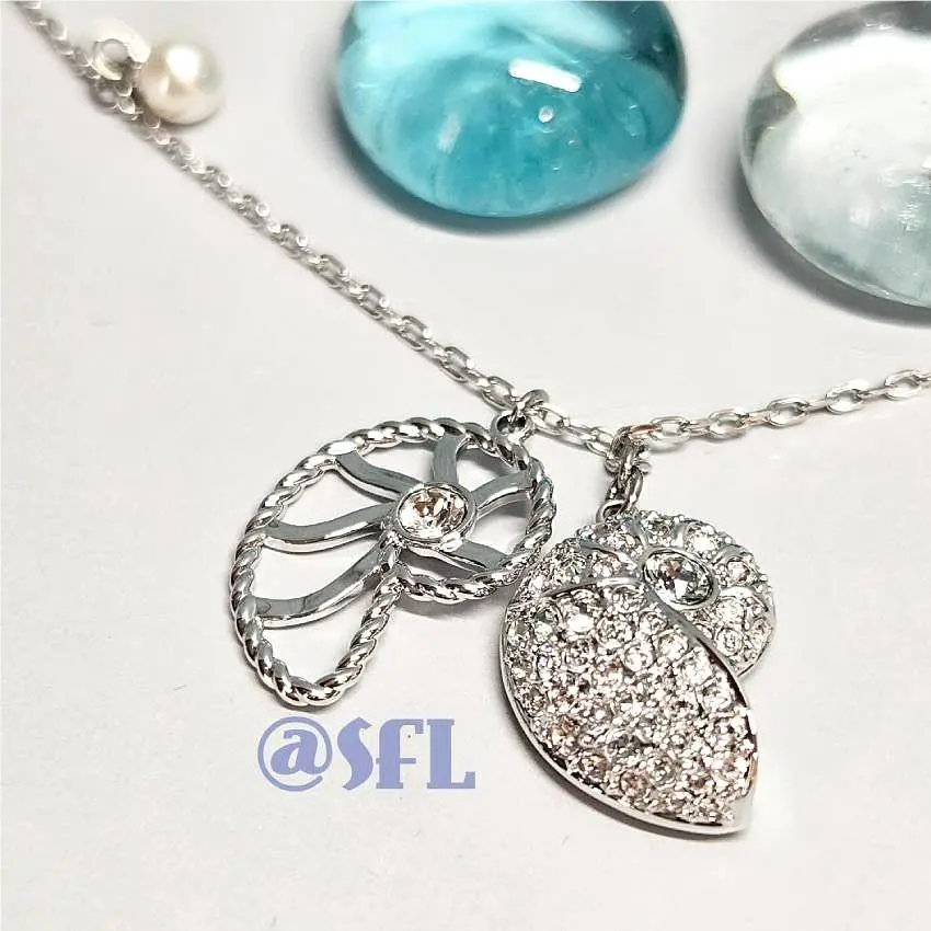 Double Seashells Necklace with Pearl Silver Tone Clear Crystals Rare by Swarovski