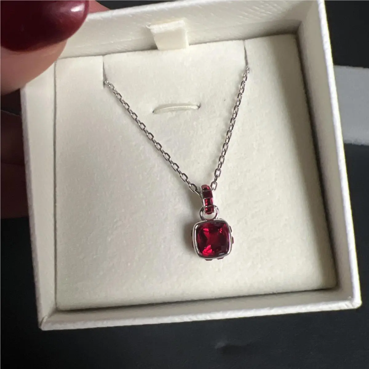Birthstone Squarecut Crystal Pendant Necklace in Rhodium Red by Swarovski