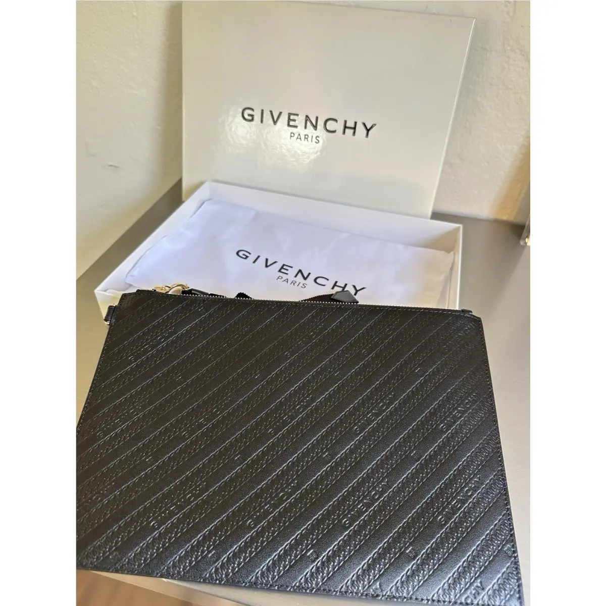 Givenchy Large Black Zip Logo Clutch Bag Embossed Leather