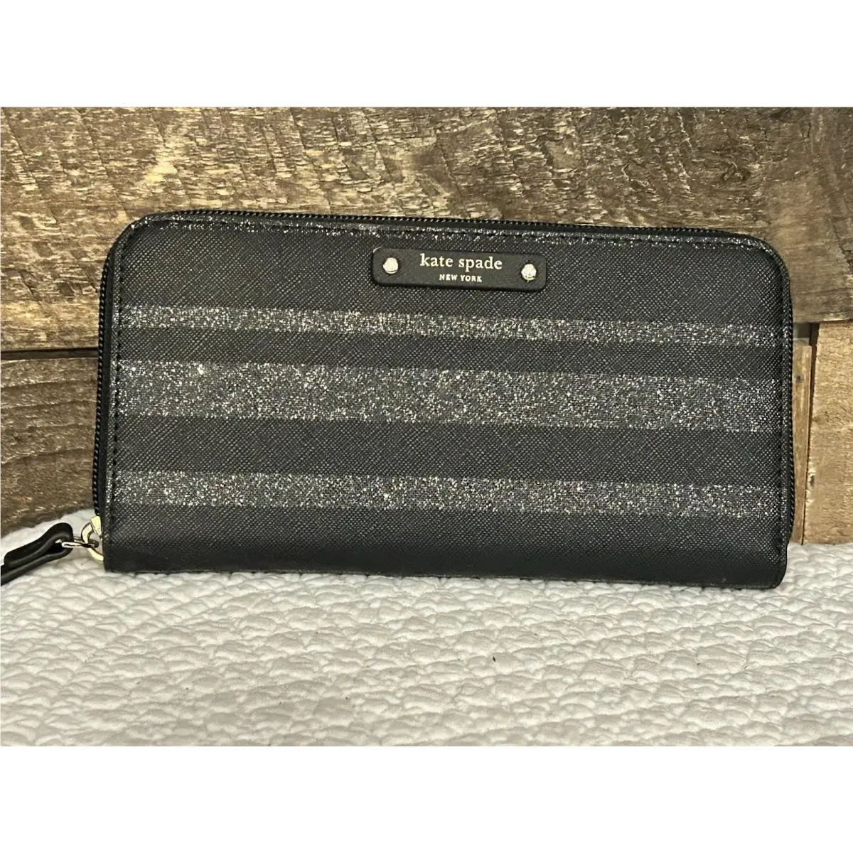 Kate Spade New York Black Glitter Striped Zip-around Women`s Wallet