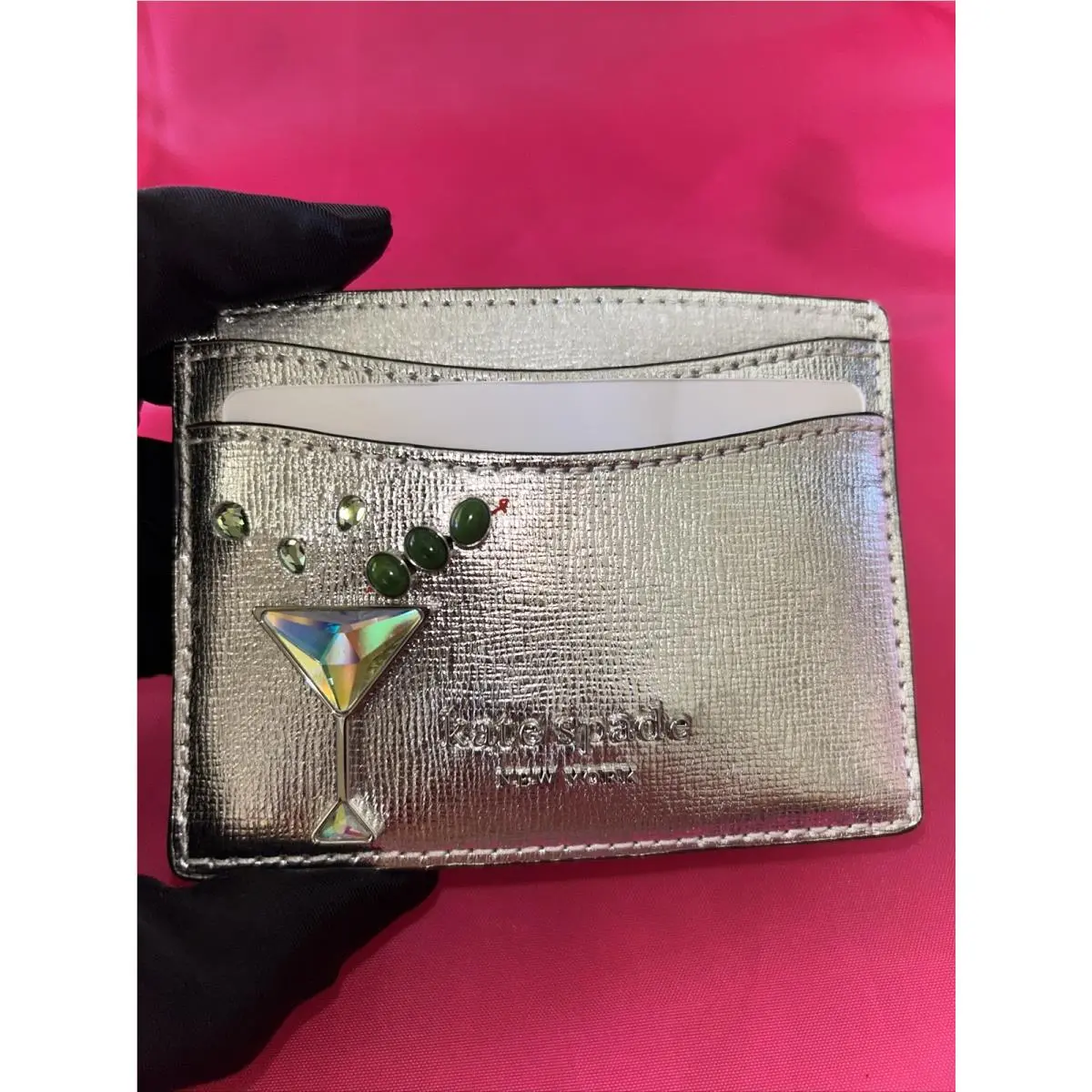 Kate Spade Shaken Not Stirred Embellished Martini Cardholder Card Wallet Silver