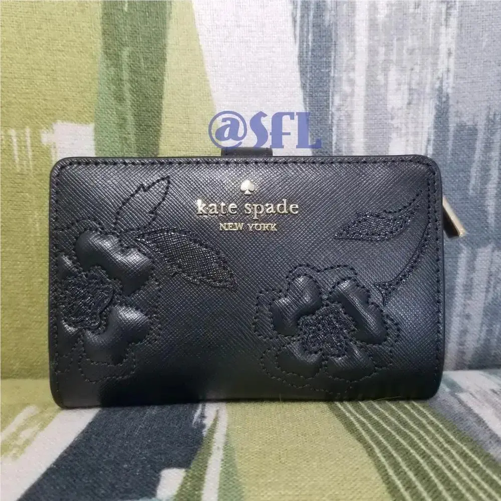 Kate Spade New York Madison Floral Applique Medium Bifold Wallet Black Leather