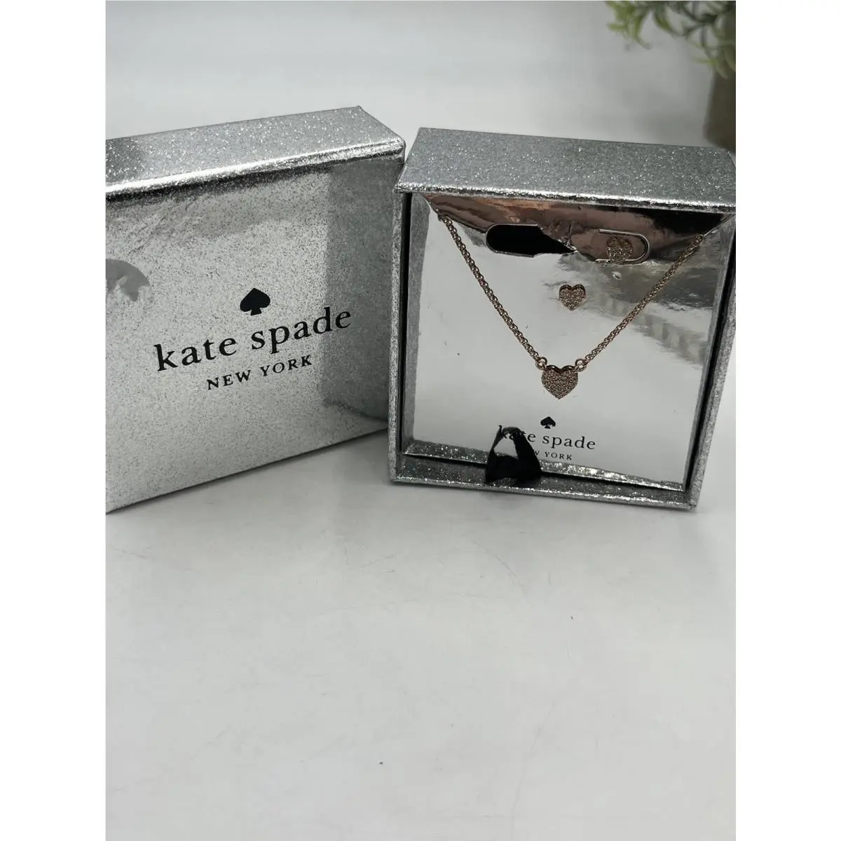Kate Spade Yours Truly Boxed Rose Gold Dainty Pave Necklace and Earring Set New