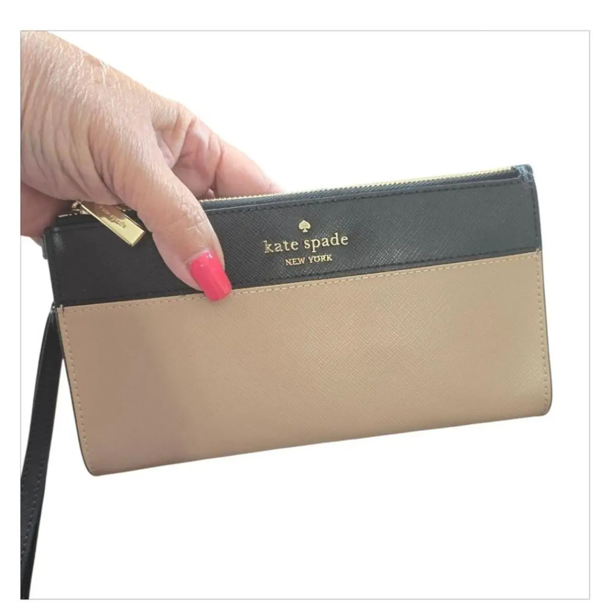 Kate Spade Double Zip Madison Wristlet Wallet Black Tan Colorblock