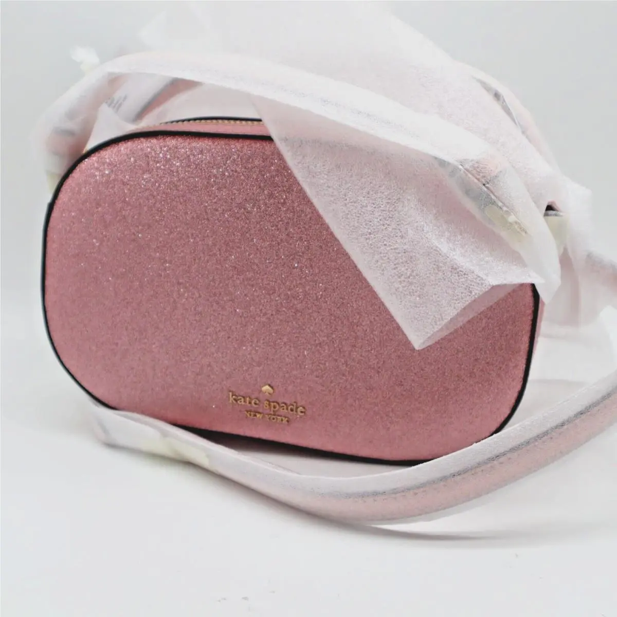 New York Glimmer Glitter Oval Camera Crossbody Bag Mitten Pink – New by Kate Spade