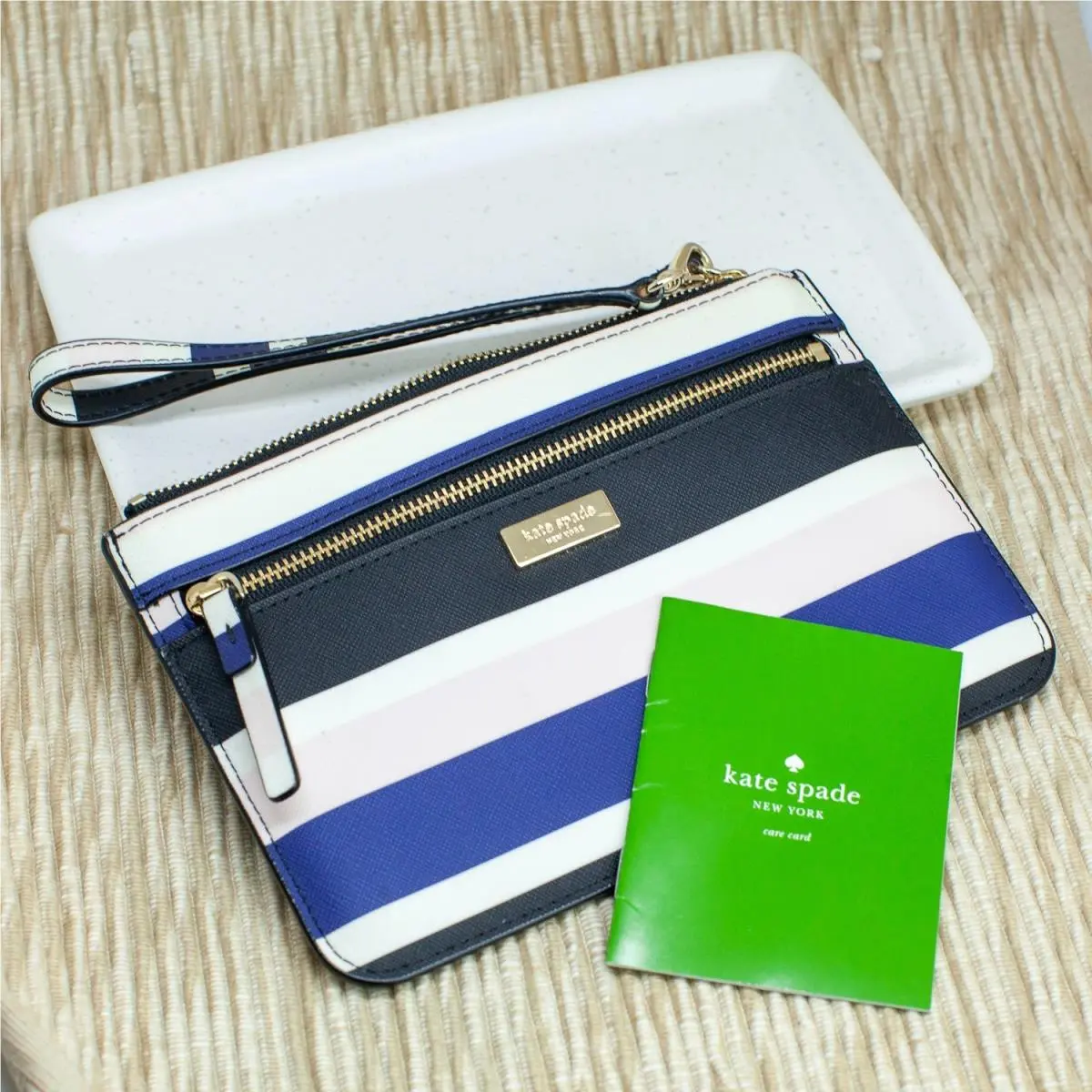 Kate Spade New York Laurel Way Stripe Wristlet Wallet Navy Blue Pink