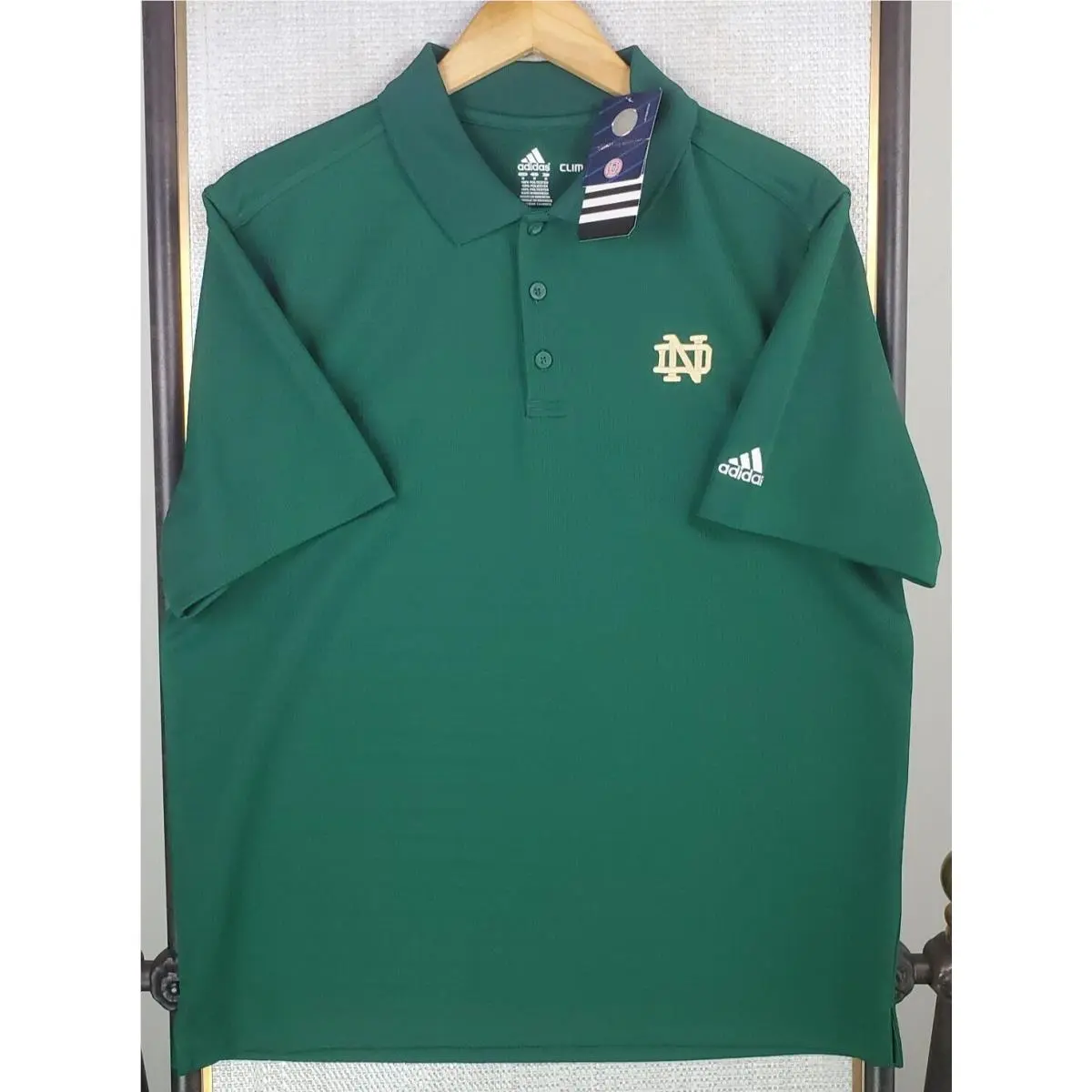 Adidas clothing - short sleeve performance golf tennis casual UV Protection breathable button up front down mens size wicking stretchy adidas trefoil collar notre dame south bend fighting irish ND - Green 3