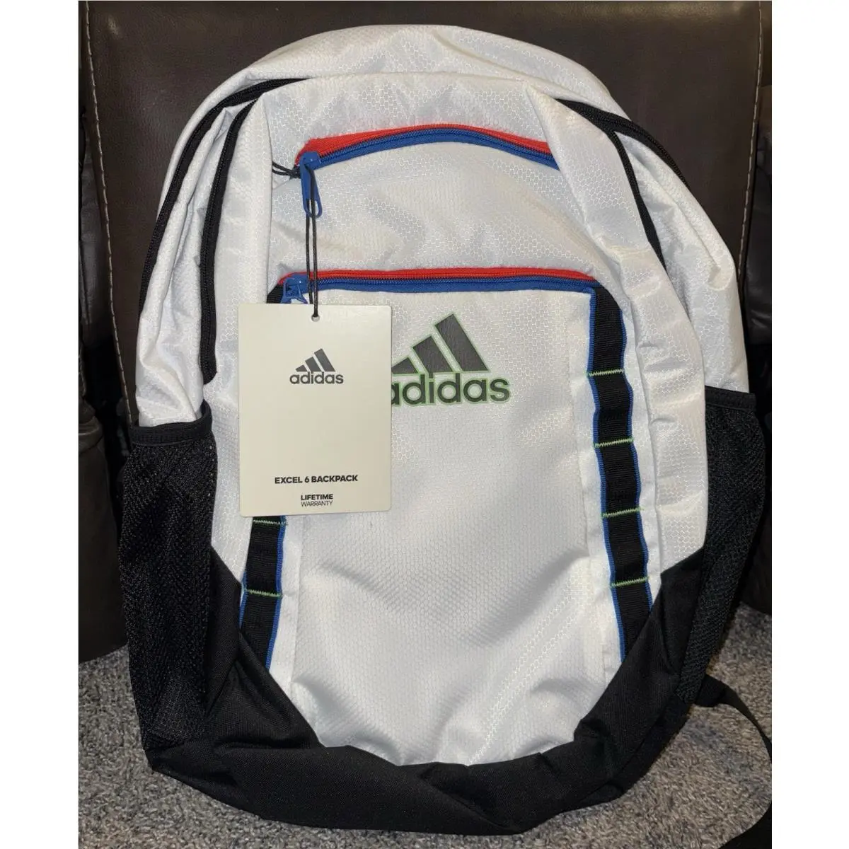 Adidas Excel 6 Backpack Bright White Royal Blue Neon Black School Bag 19”