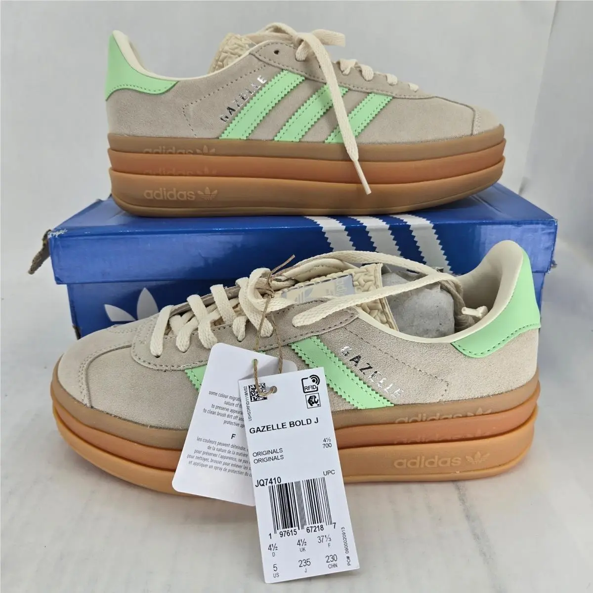 Adidas Gazelle Bold J White Green Platform Shoes JQ7410 Big Kids 5 / Women`s 6