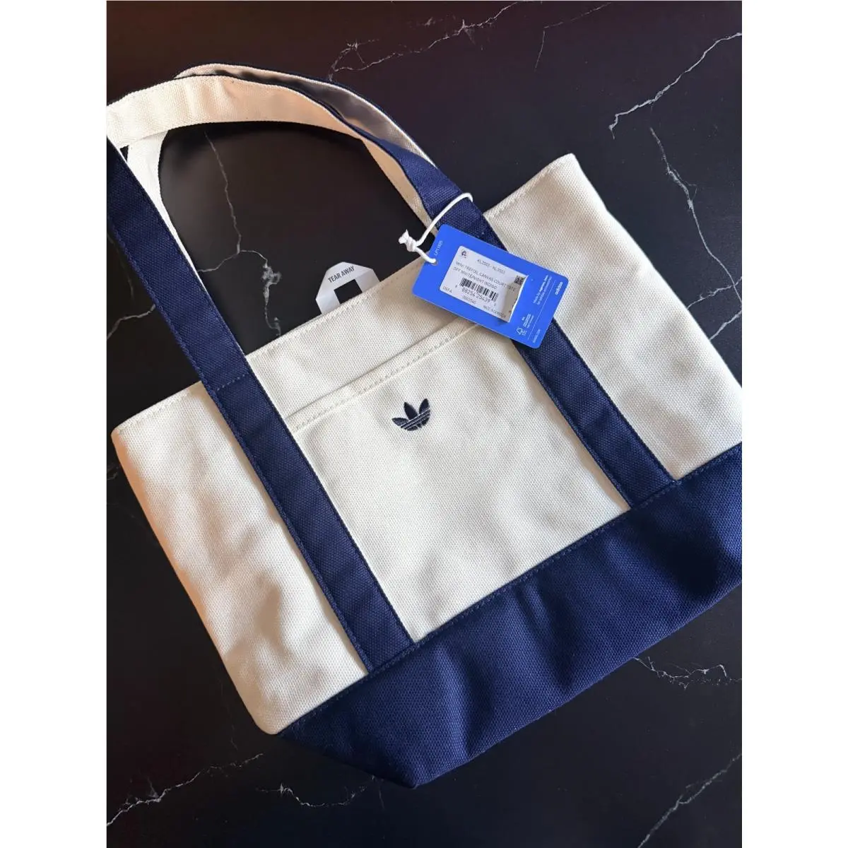 Adidas Canvas Mini Tote Bag Unisex Small Off White Blue Trefoil Sporty KL3505