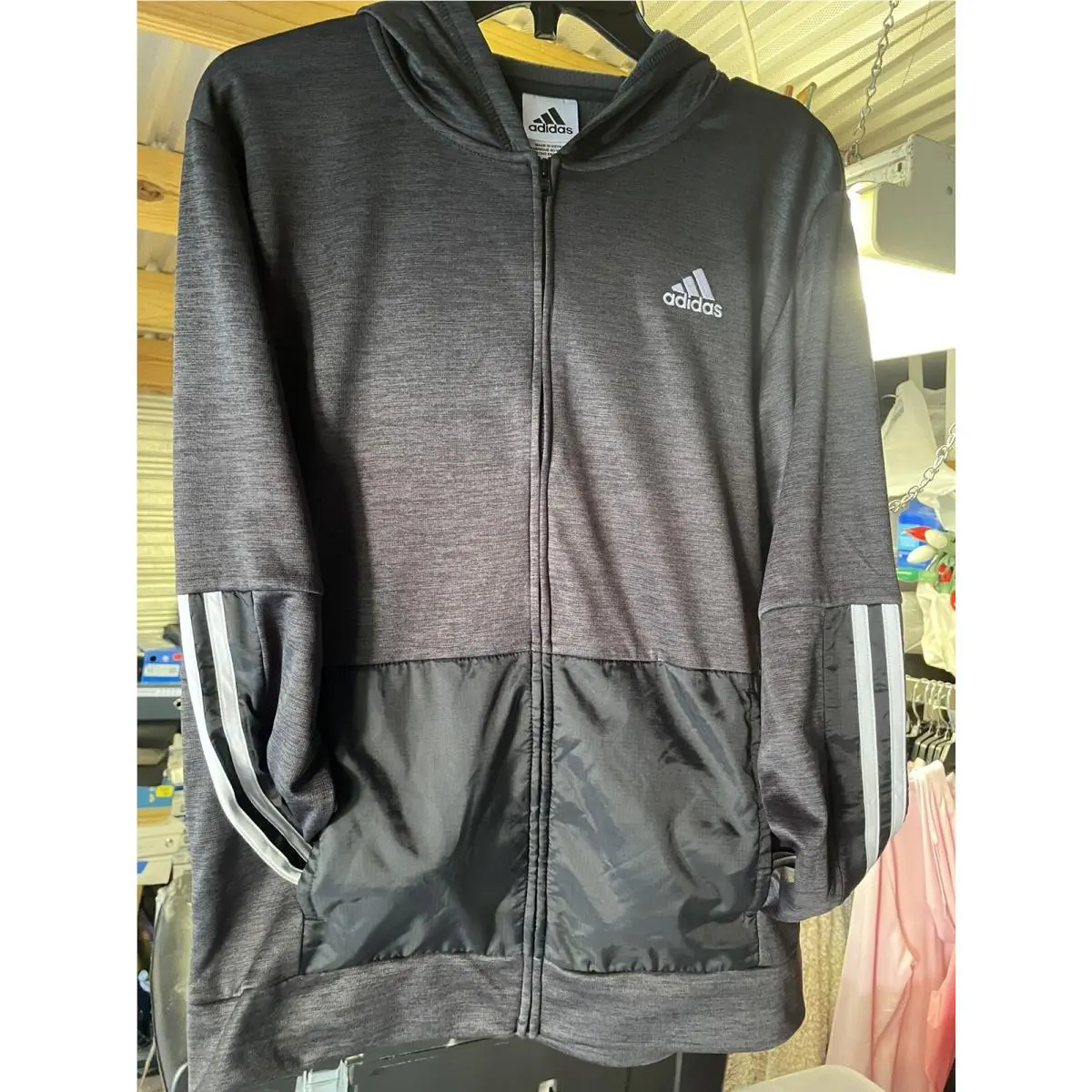 Adidas Full Zip Jacket Hoodie Windbreaker Charcoal Grey Sz Lg 14/16 AP5531
