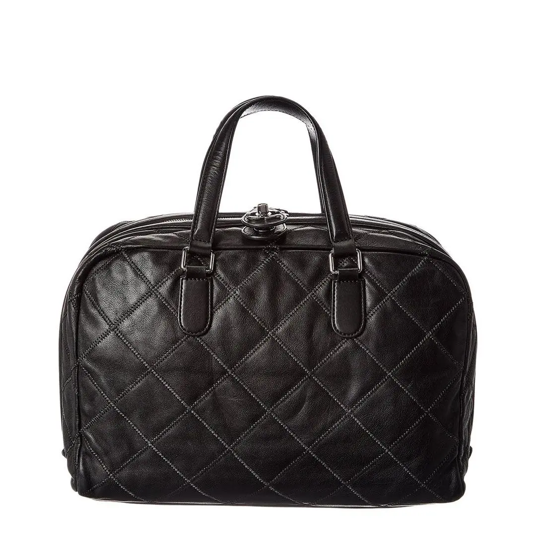 Chanel Black Calfskin Leather Stitched Bowling Bag Pre-loved Women`s