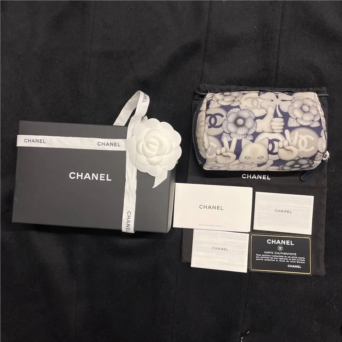 Chanel Clutch Pouch Cat Emoticon Japan Navy Blue Beige All Over Print 2016 Nylon
