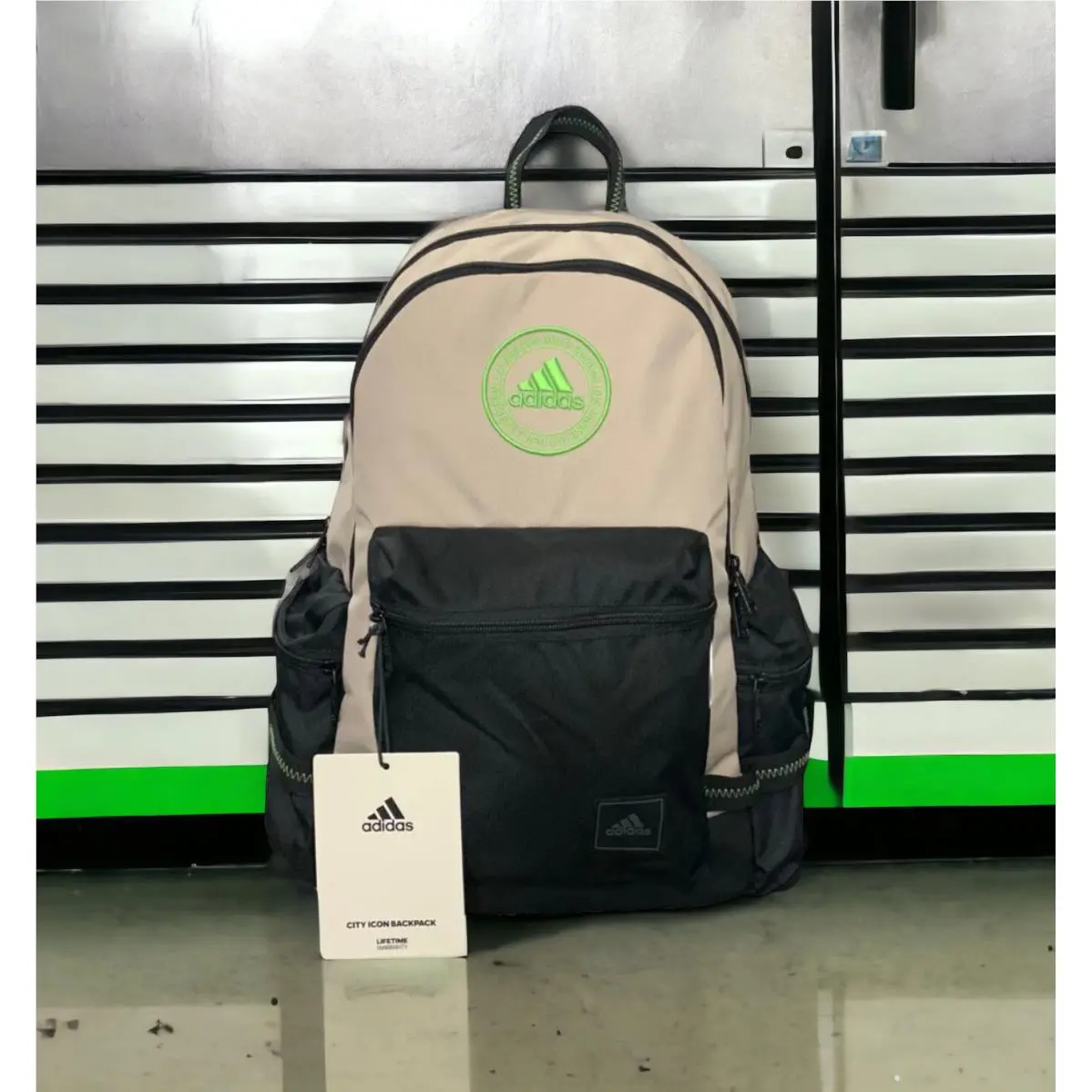 Adidas “city Icon” Backpack Beige/black Neon Green Circle Logo School Hiking