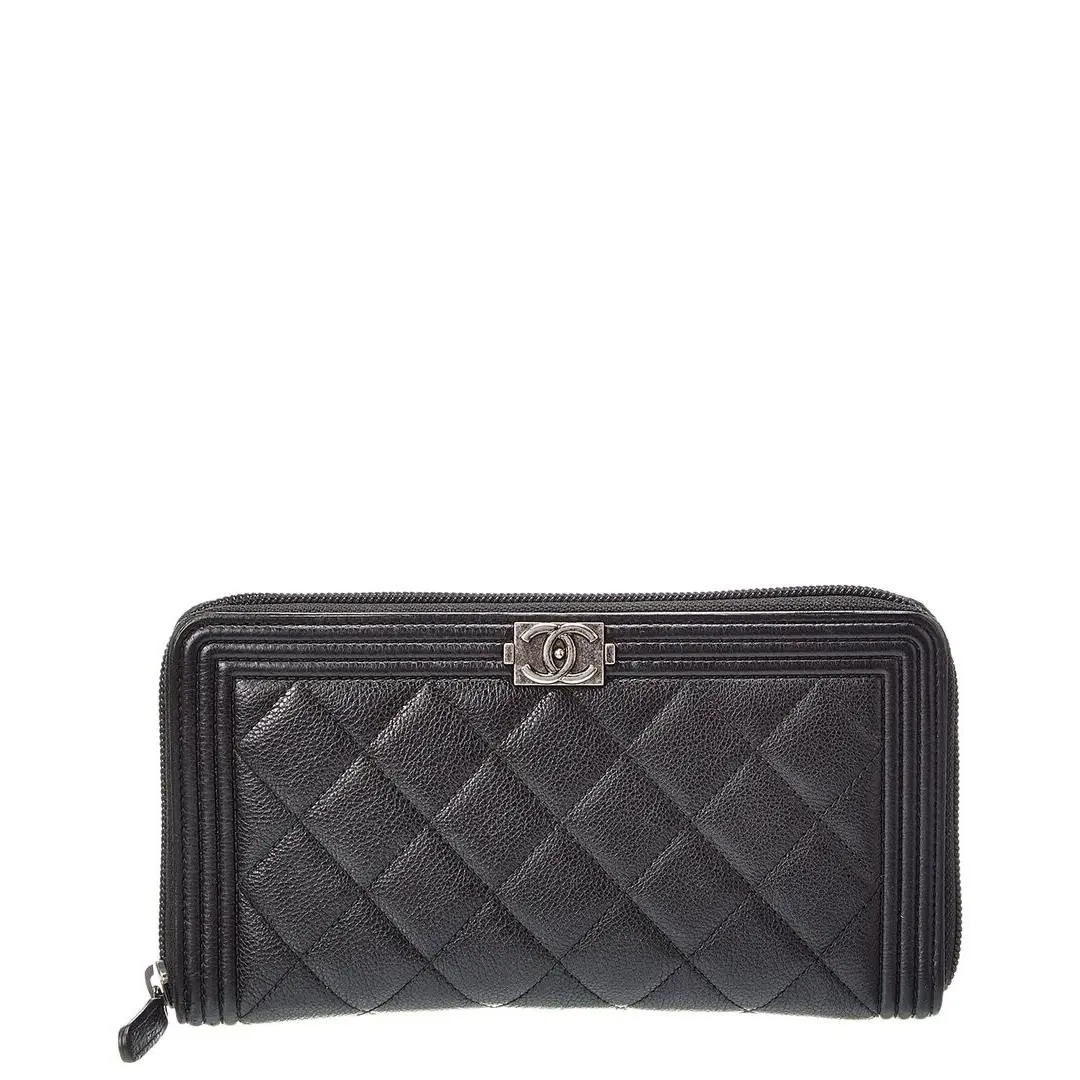 Chanel Black Grained Calfskin Leather Boy Zip Around Organizer Wallet