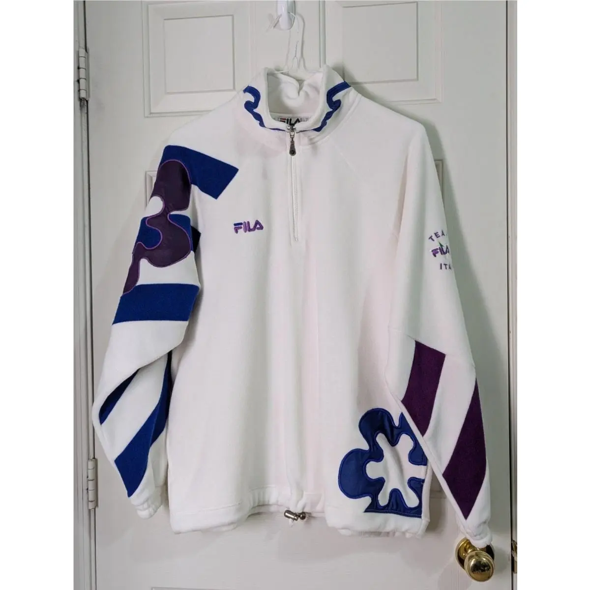 Vtg Fila Italian Ski Team Fleece Pullover Womens 14 White Embroidered