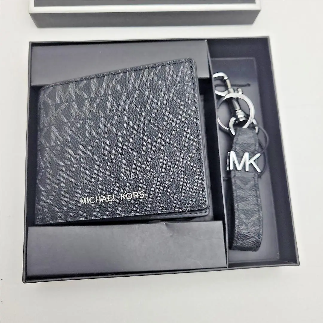 Michael Kors Men`s Admrl/plblue Logo Bifold Wallet Credit Card Key Fob Set