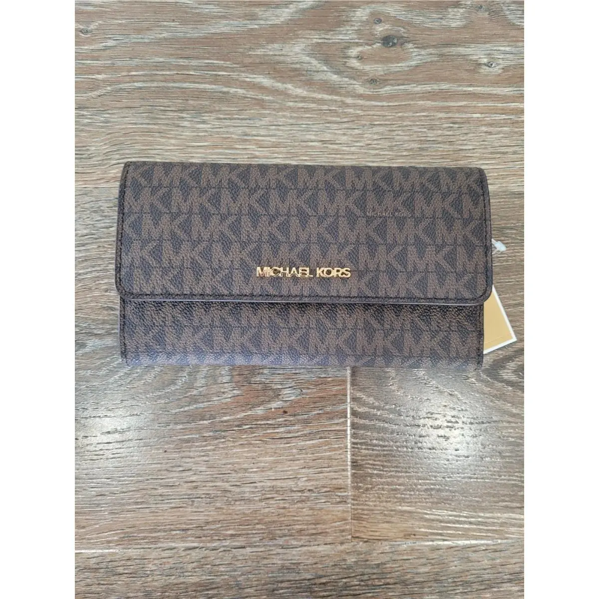 Michael Kors Trifold Jet Set Traveler Wallet Brown Signature Logo Large 7