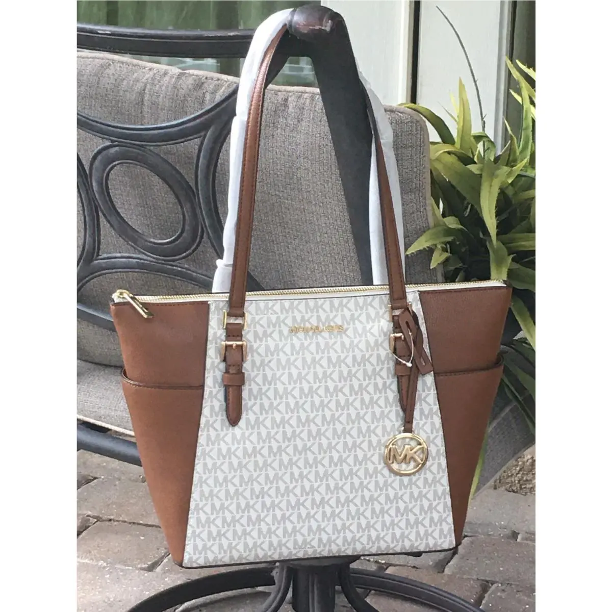 Charlotte Large Medium Zip Tote Shoulder Bag Purse MK Vanilla Logo by Michael Kors