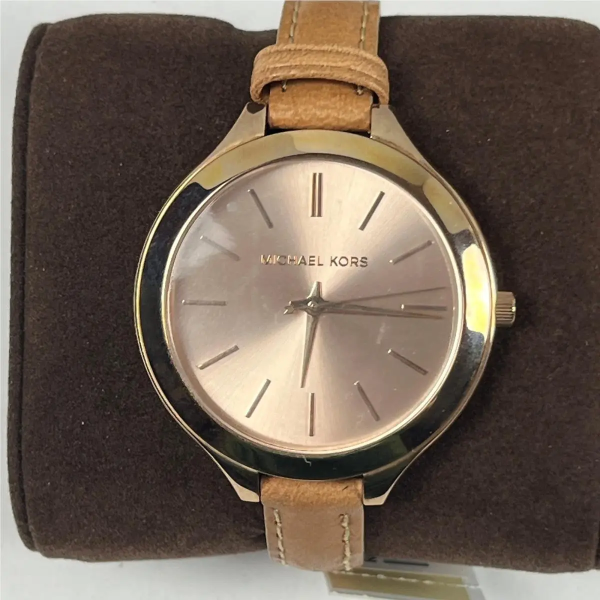 Michael Kors MK2274 Slim Runway Rose Gold Tan Leather Strap Womens Watch