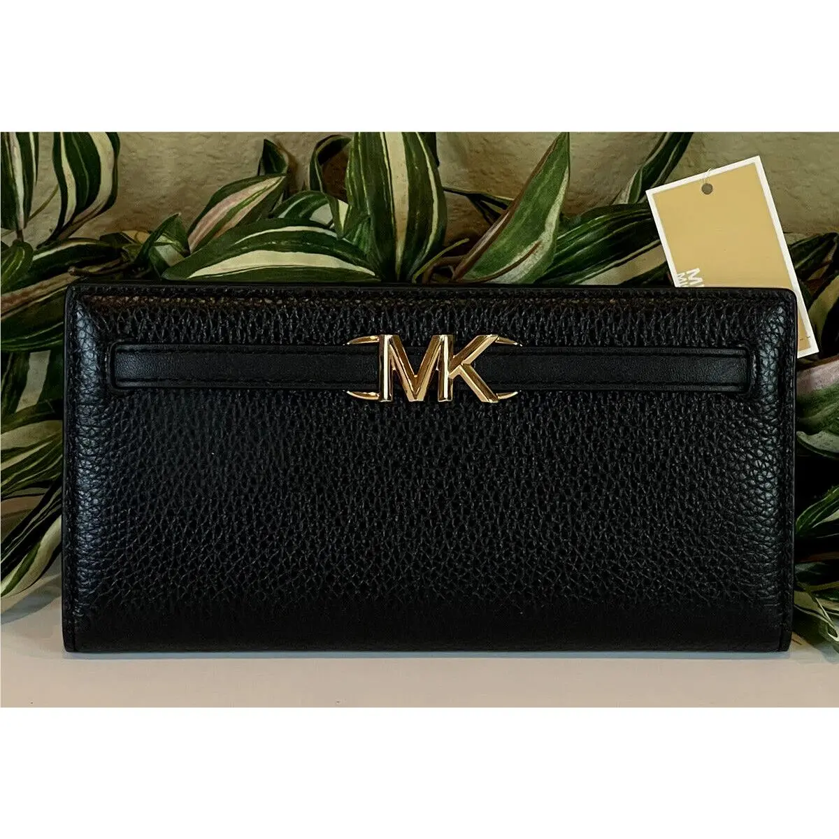 Michael Kors Reed Large Snap Wallet Flap Card Clutch MK Black Leather Gold