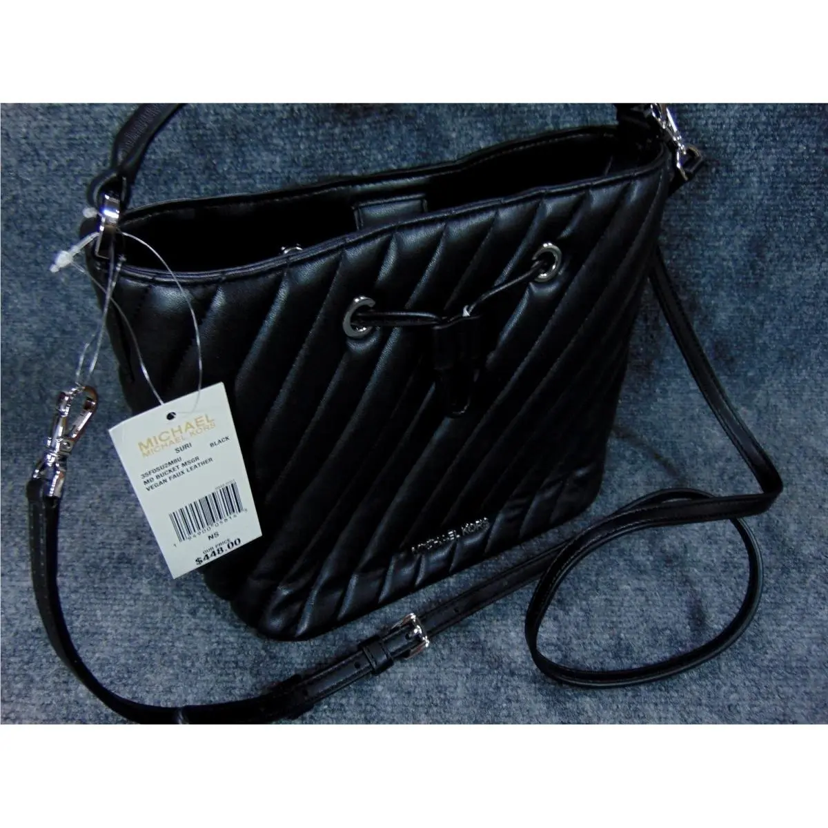 Michael Kors Suri Bucket Bag Black Quilted Vegan Leather Drawstring Crossbody