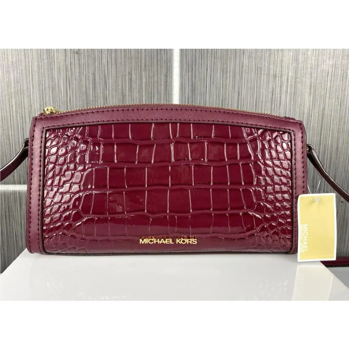 Michael Kors Jet Set Croc Embossed Zip Top Crossbody Bag Burgundy