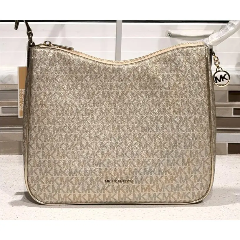 Michael Kors Nayla Medium Zip Messenger Crossbody Bag Tote Purse MK Gold Logo