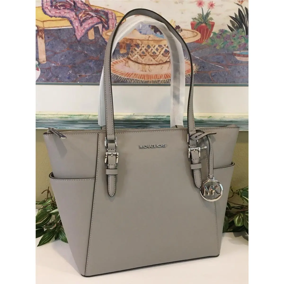 Michael Kors Charlotte Medium Large Tote Shoulder Bag Pearl Grey Leather Silver