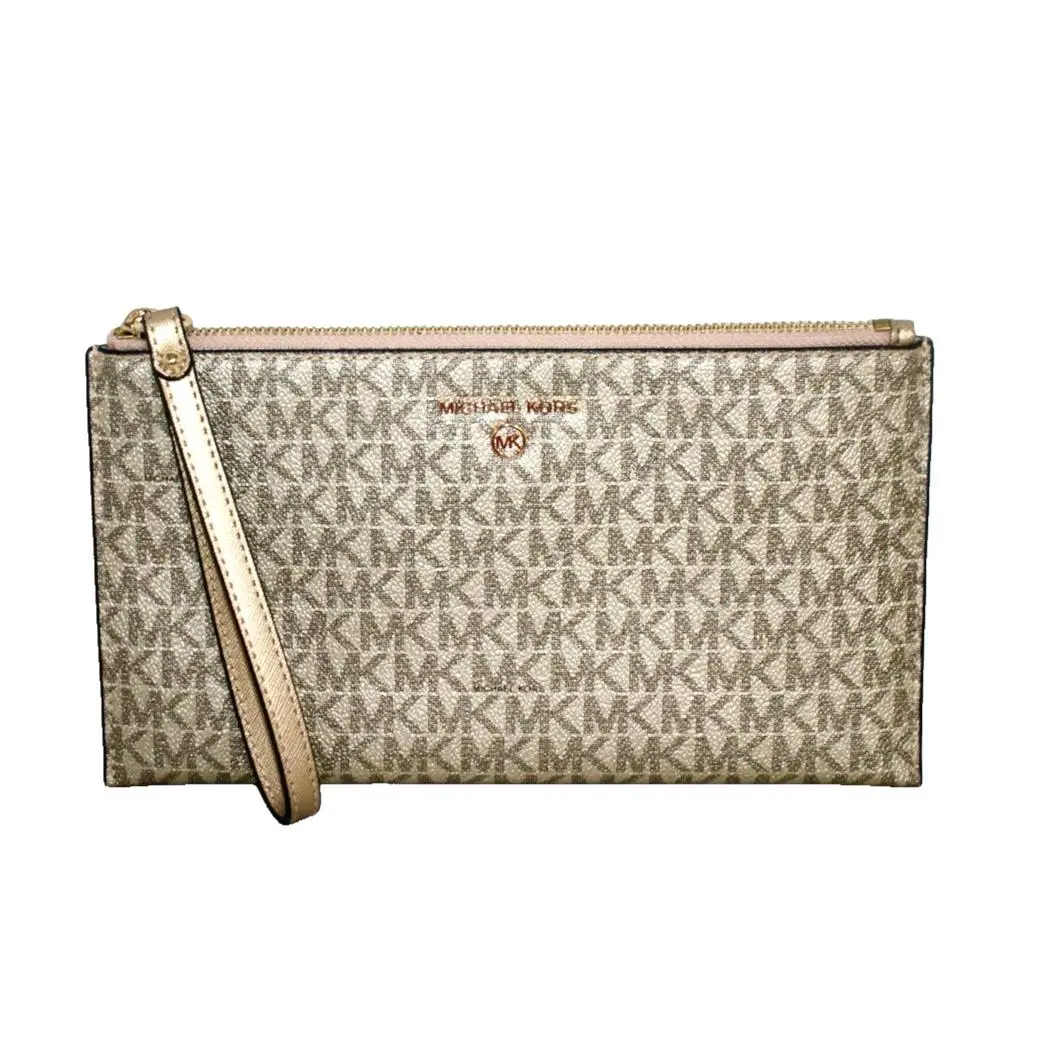 Michael Kors Jet Set Charm Large Zip Clutch Wristlet Pale Gold MK Leather
