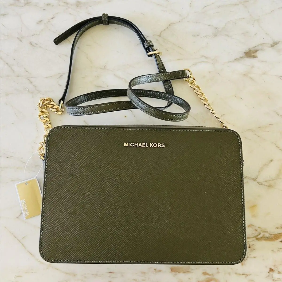 Jet Set Olive Leather Zip Chain Crossbody Bag by Michael Kors