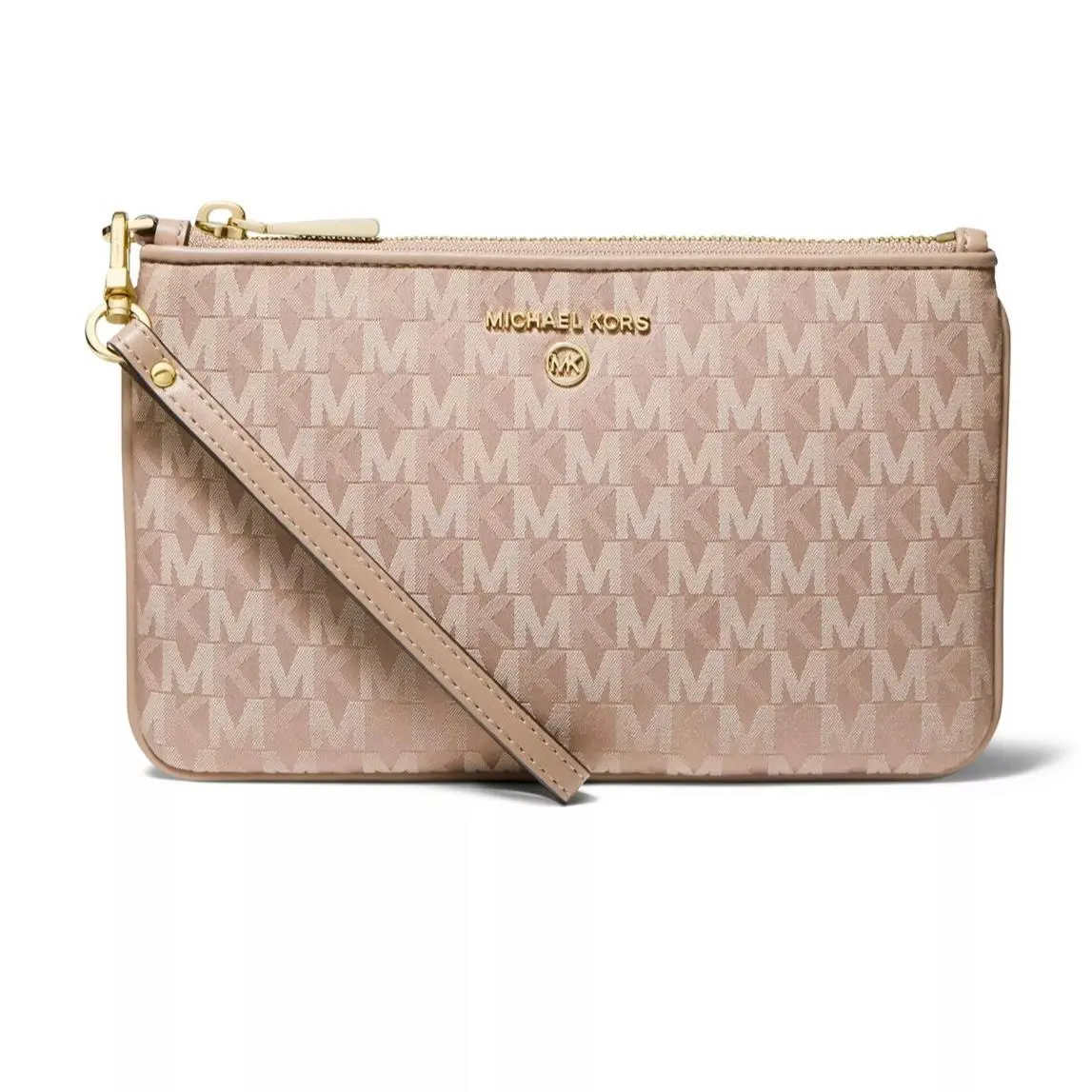 Signature MK Logo Top Zip Wristlet Clutch Leather Strap Fawn by Michael Kors