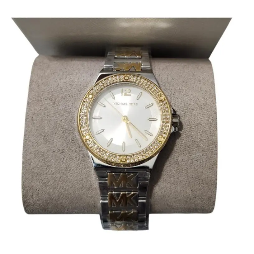 Michael Kors Womens Lennox Pavé Two-tone Logo Watch Silver Gold MK7338 - Dial: Silver, Gold, Band: Silver, Gold
