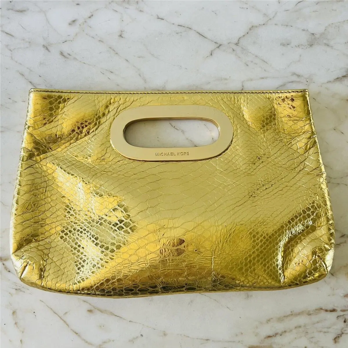 Michael Kors Berkeley Metallic Gold Leather Snake Skin Print Clutch Bag