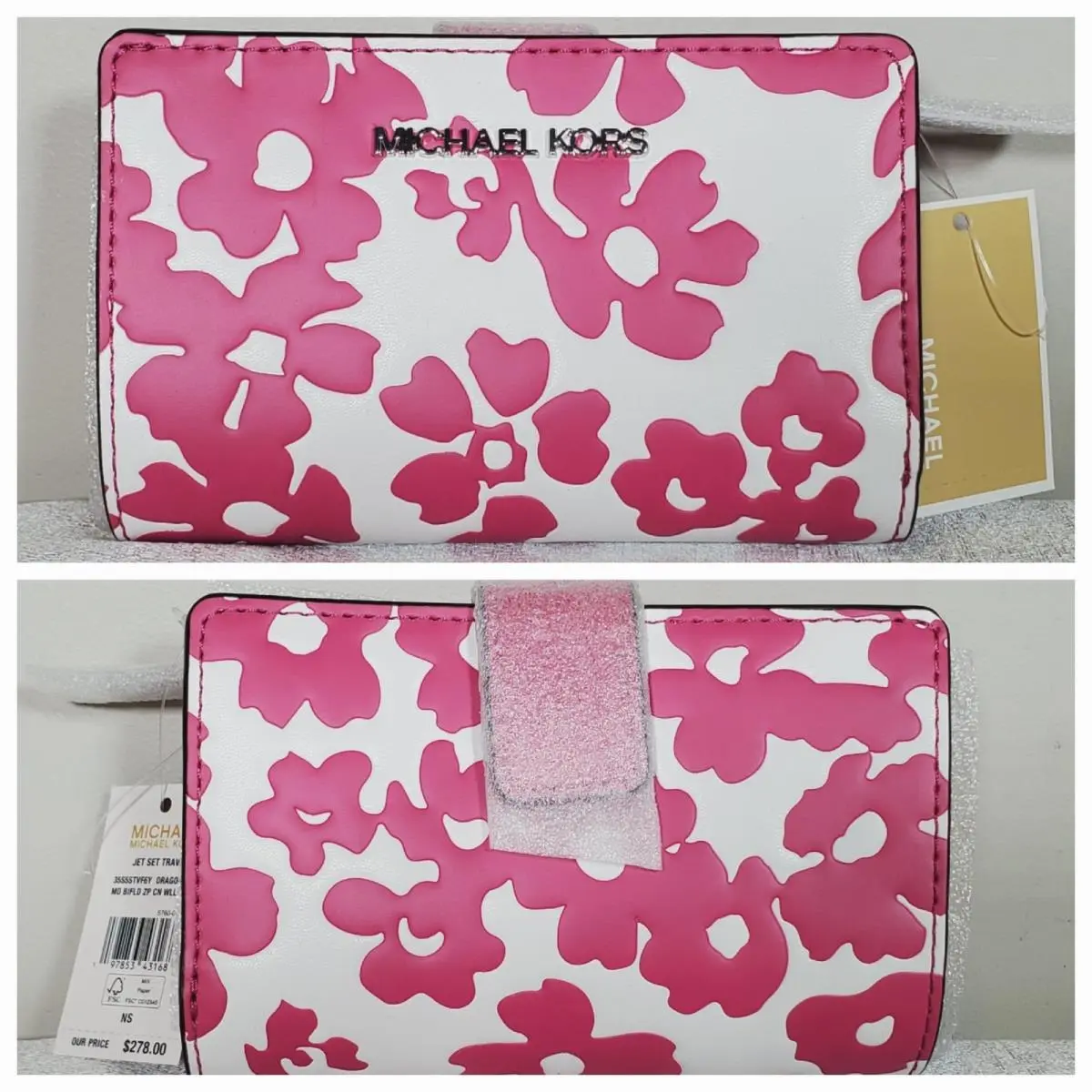 Michael Kors Jet Set Travel Medium Bifold Zip Coin Wallet Dragonfruit Floral